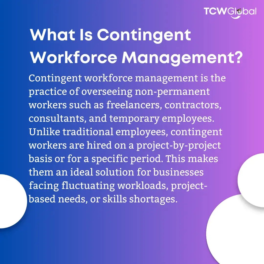 What Is Contingent Workforce Management? Contingent workforce management is the practice of overseeing non-permanent workers such as freelancers, contractors, consultants, and temporary employees. Unlike traditional employees, contingent workers are hired on a project-by-project basis or for a specific period. This makes them an ideal solution for businesses facing fluctuating workloads, project-based needs, or skills shortages