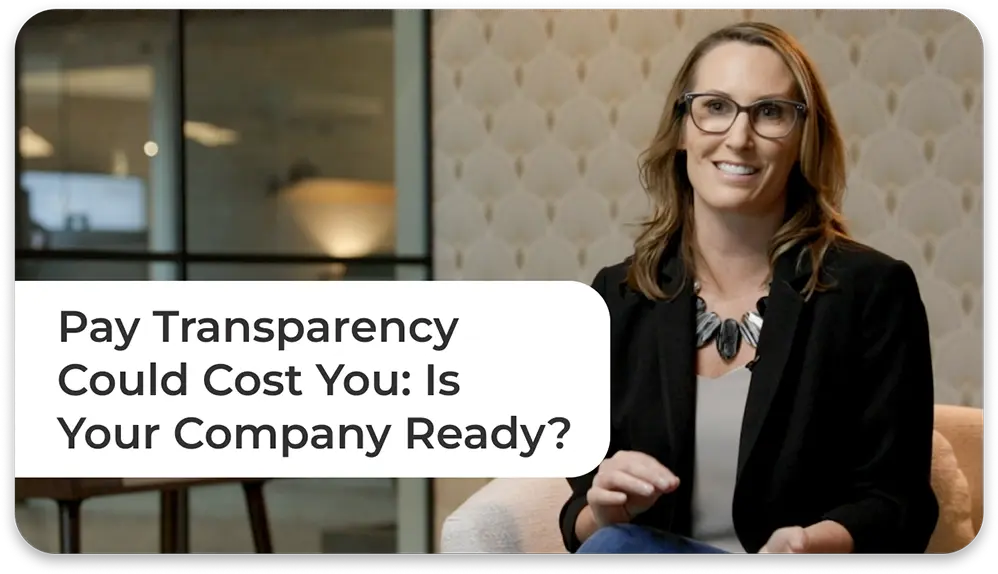Woman sitting in chair wearing a black jacket and looking into the camera. There is a purple caption that says Pay Transparency Could Cost You: Is Your Company Ready?