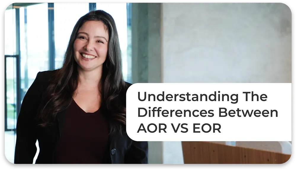 Woman with a black jacket on looking into the camera. There is a purple caption that says Understanding the Difference Between AOR VS EOR